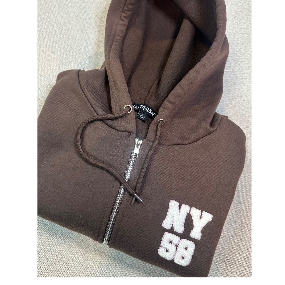 Harper & Ivy Zip Up Hoodie Womens L Brown Polyester Varsity NY 58 Cropped Preppy
